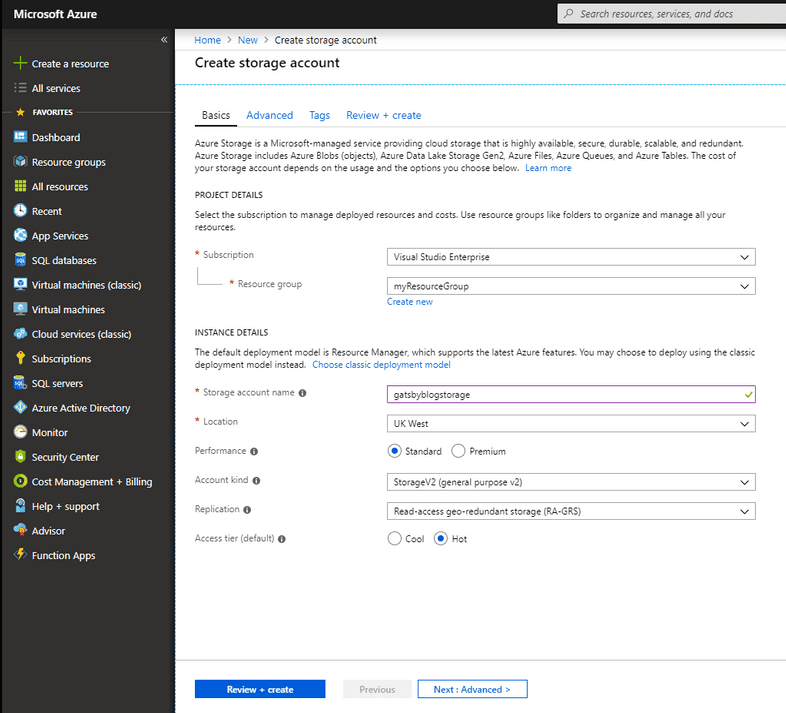 Azure Storage Account Form